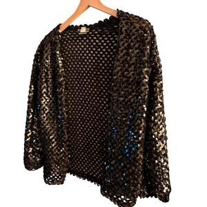 Vintage 60s/70s Topettes by A. Brod Black Sequin Knit Open Cardigan Made in USA